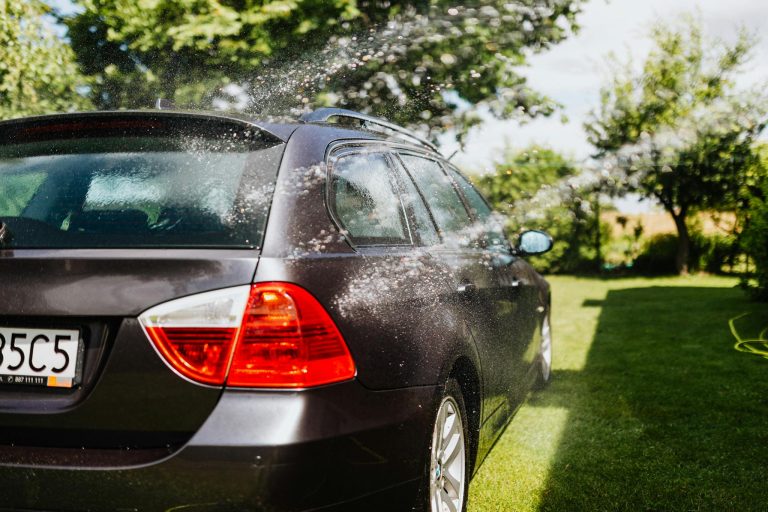 A black car being washed outdoors with a hose, surrounded by greenery and sunlight.